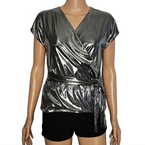 New york & Company  Women Tops Size S Small Metallic Silver Tie Waist Blouse NWT